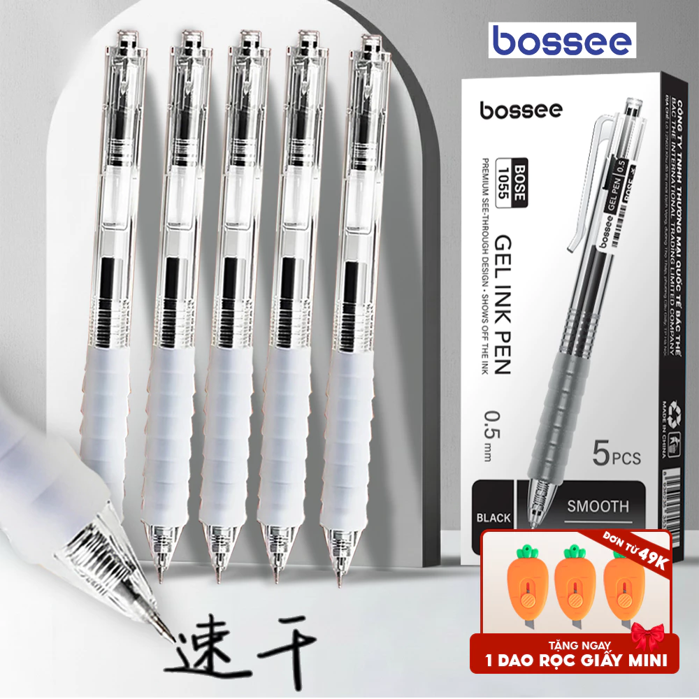 Combo hộp 5 bút 10 bút gel Bossee ngòi ST 0.5mm nhanh khô, kiểu dáng basic gọn nhẹ dễ sử dụng, đệm cao su êm tay