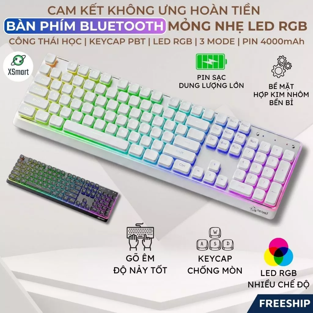 Bàn Phím Bluetooth Không Dây FreeWolf M104 Pin 4000mAh, 3 Mode Kết Nối, LED RGB, Công Thái Học Gõ Êm