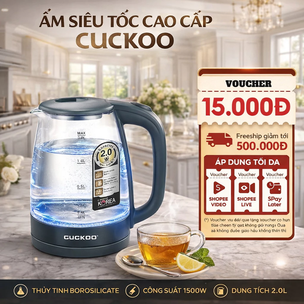 Ấm Siêu Tốc Thủy Tinh Đèn LED 2 Lít GUGKDD,Nắp Nút Mở, Bệ Khớp Xoay, Đun Sôi Nhanh, Tiện Lợi An Toàn