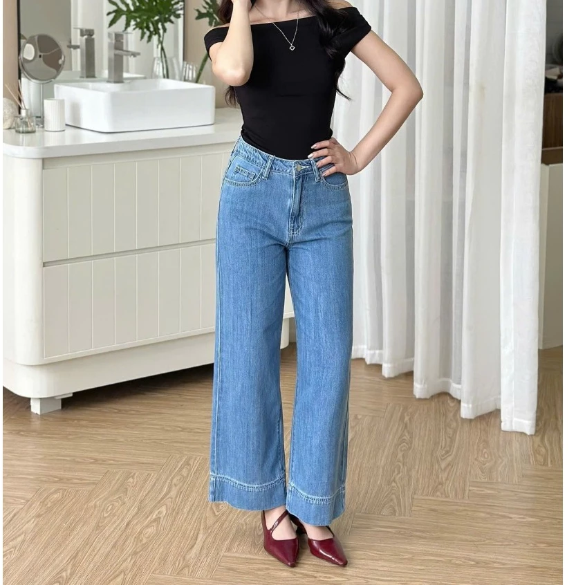 Quần Denim Ống Rộng Xanh Nhạt Trơn, REDE BLD-02, Vải Mềm, Lưng Cao, Không Co Giãn, Gập Lai Bản To