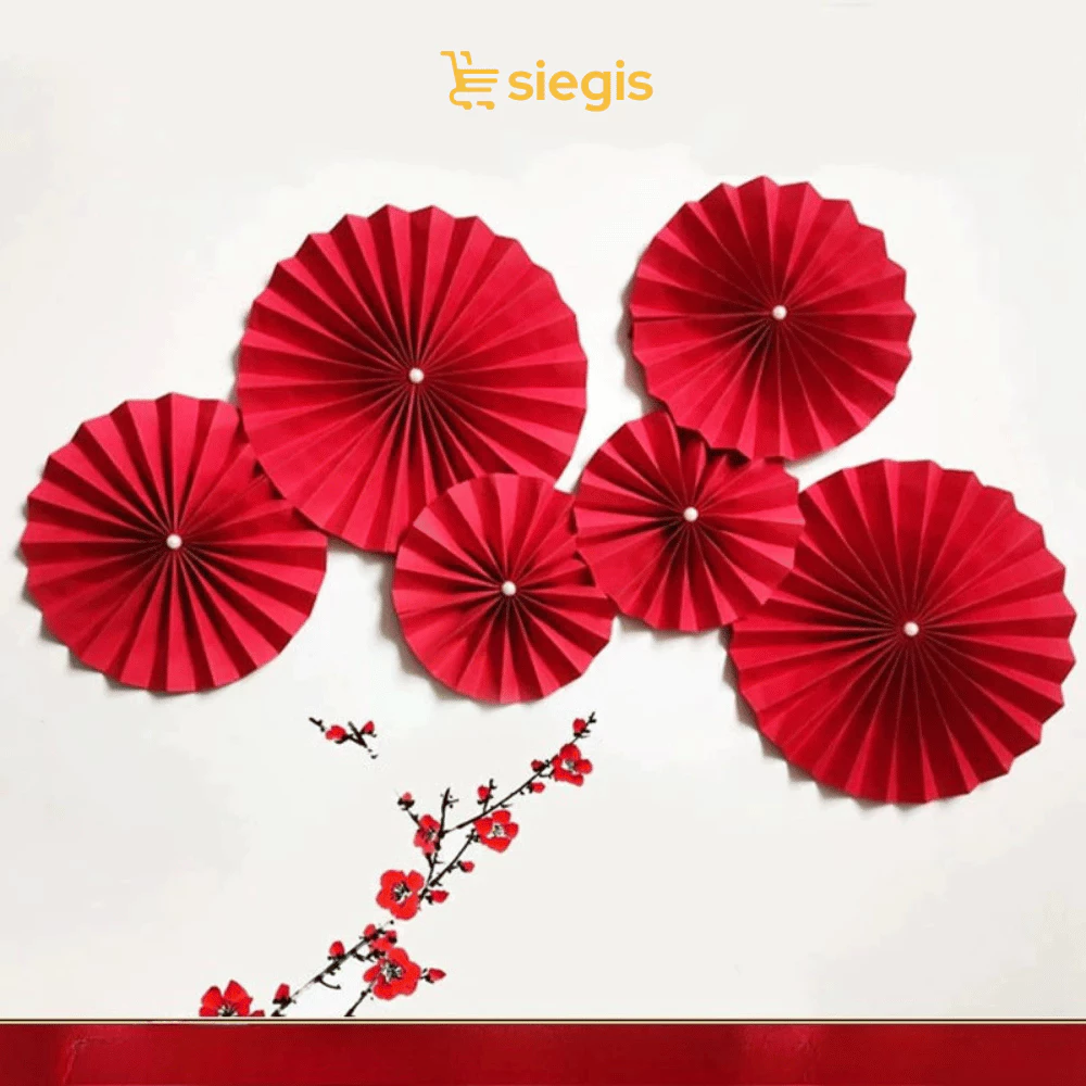 Combo 3 Set 18 Quạt Giấy Đỏ May Mắn Trang Trí Tết Nguyên Đán Decor Nhà Cửa Phòng Làm Việc