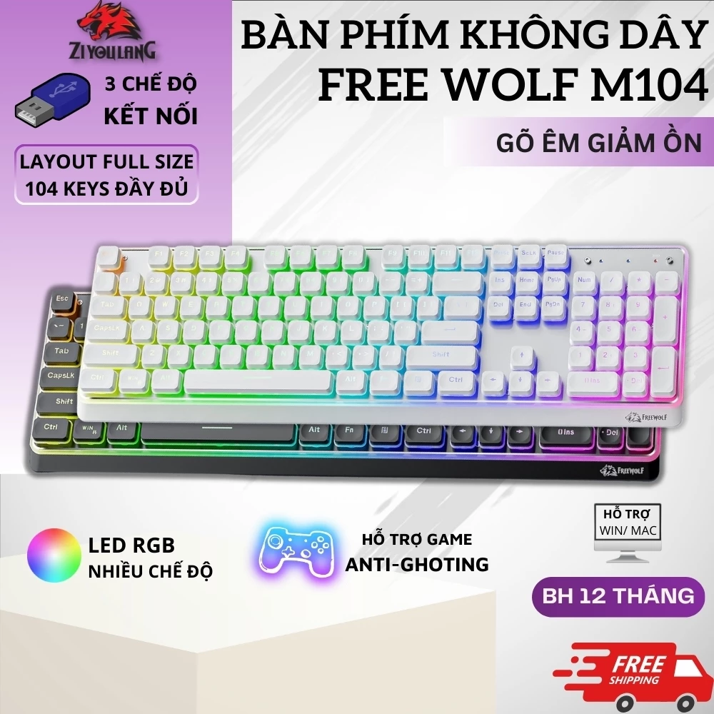 Bàn Phím Không Dây Free Wolf M104 – RGB Gaming, Chống Xung Đột Phím, Fullsize, 3 Mode Kết Nối