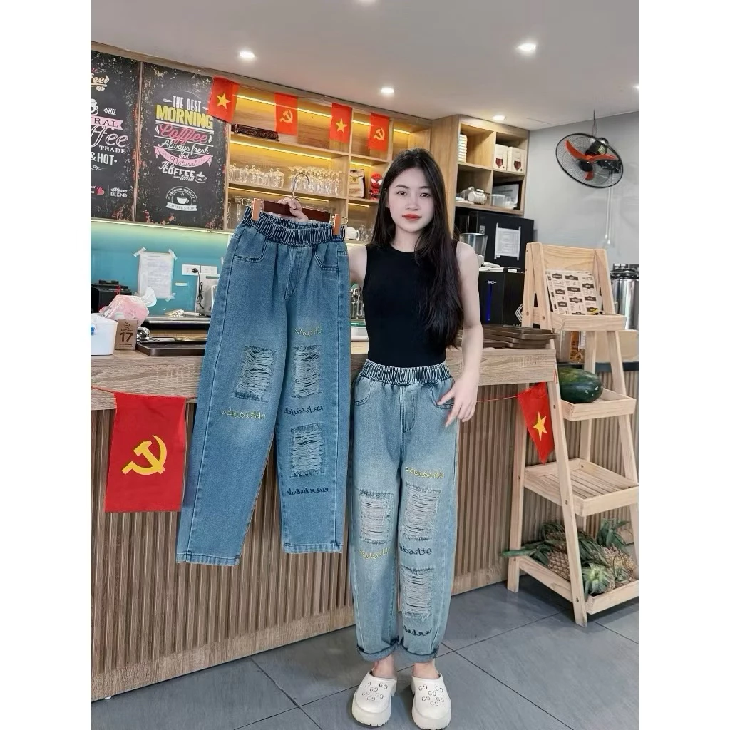 [Ảnh thật] Quần Begy Thụng thêu chữ -Cạp Cao, Lưng Thun - Rách