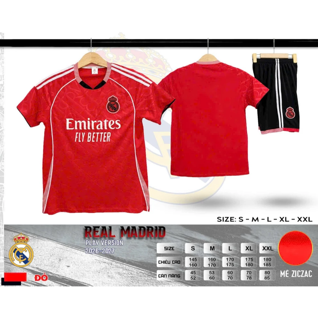 Bộ Quần Áo Đá Banh Real Đỏ 2026 (Nhận In Tên Số) Thun Mè Cao Cấp Logo Thêu Nam Nữ Top Sport