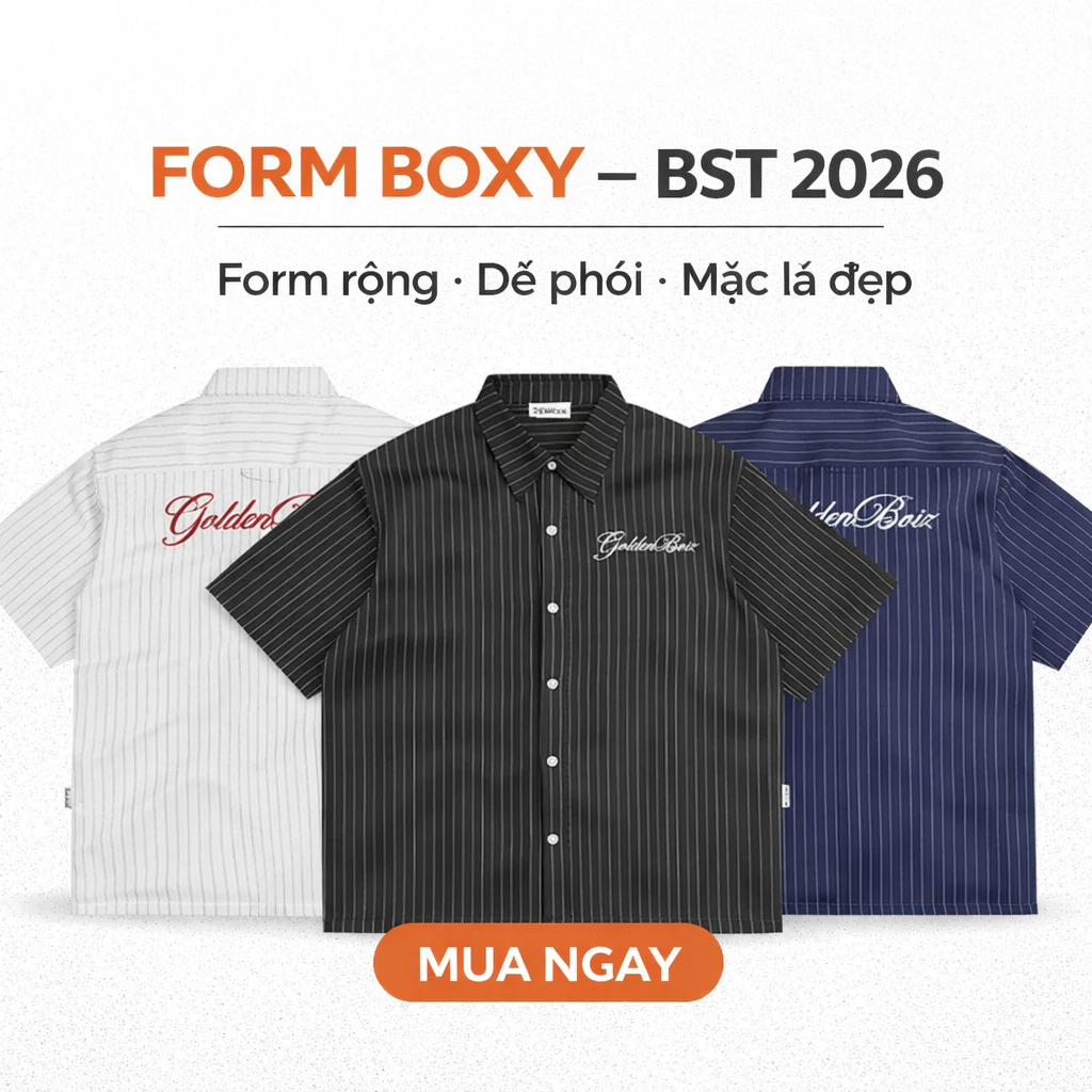 Áo Sơ Mi Boxy Kẻ Sọc nút bấm thêu chữ Golden Boiz 3 màu basic form rộng, phong cách trẻ trung, năng động