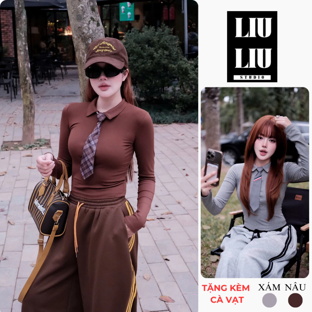 Áo dài tay mix cà vạt LIULIU L07 TẶNG CÀ VẠT form ôm cá tính, chất zip cao cấp, phong cách retro hiện đại