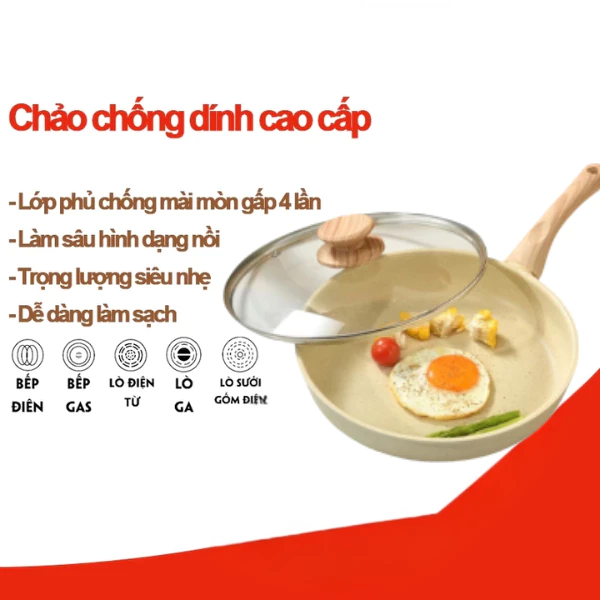 Chảo Đáy Dầy Chống Dính 3 Lớp , Chảo Sâu Lòng Phẳng, Thiết Kế Đẹp Mắt, Sang Trọng