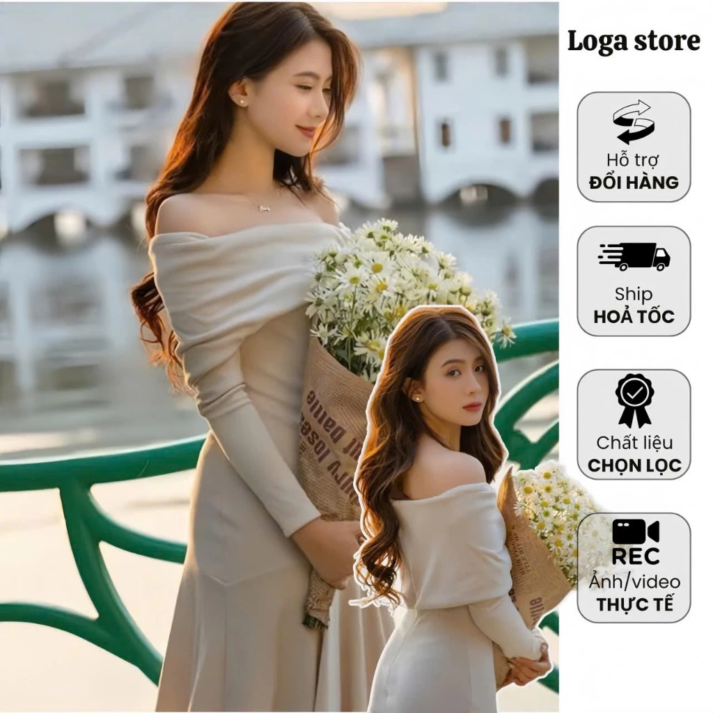 Đầm trễ vai dự tiệc dài tay dáng dài màu kem vải nhung tăm, váy body trễ vai trắng dài tay tiểu thư Loga store_L329