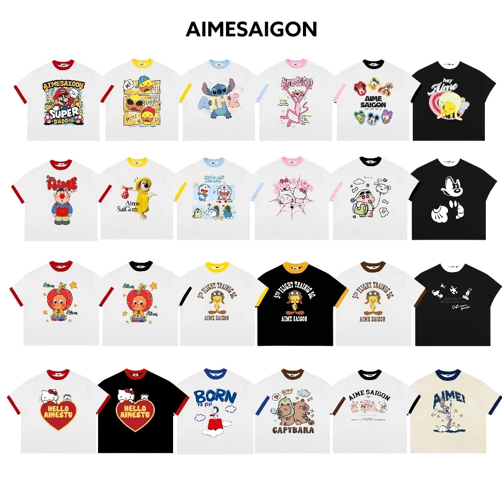 [AHH01 Ver1] Áo Thun Boxy AIMÉ Cotton 250gsm Cổ Tròn Nam Nữ " PHỐI MÀU CARTOON " Áo Phông Form Rộng Nam Nữ