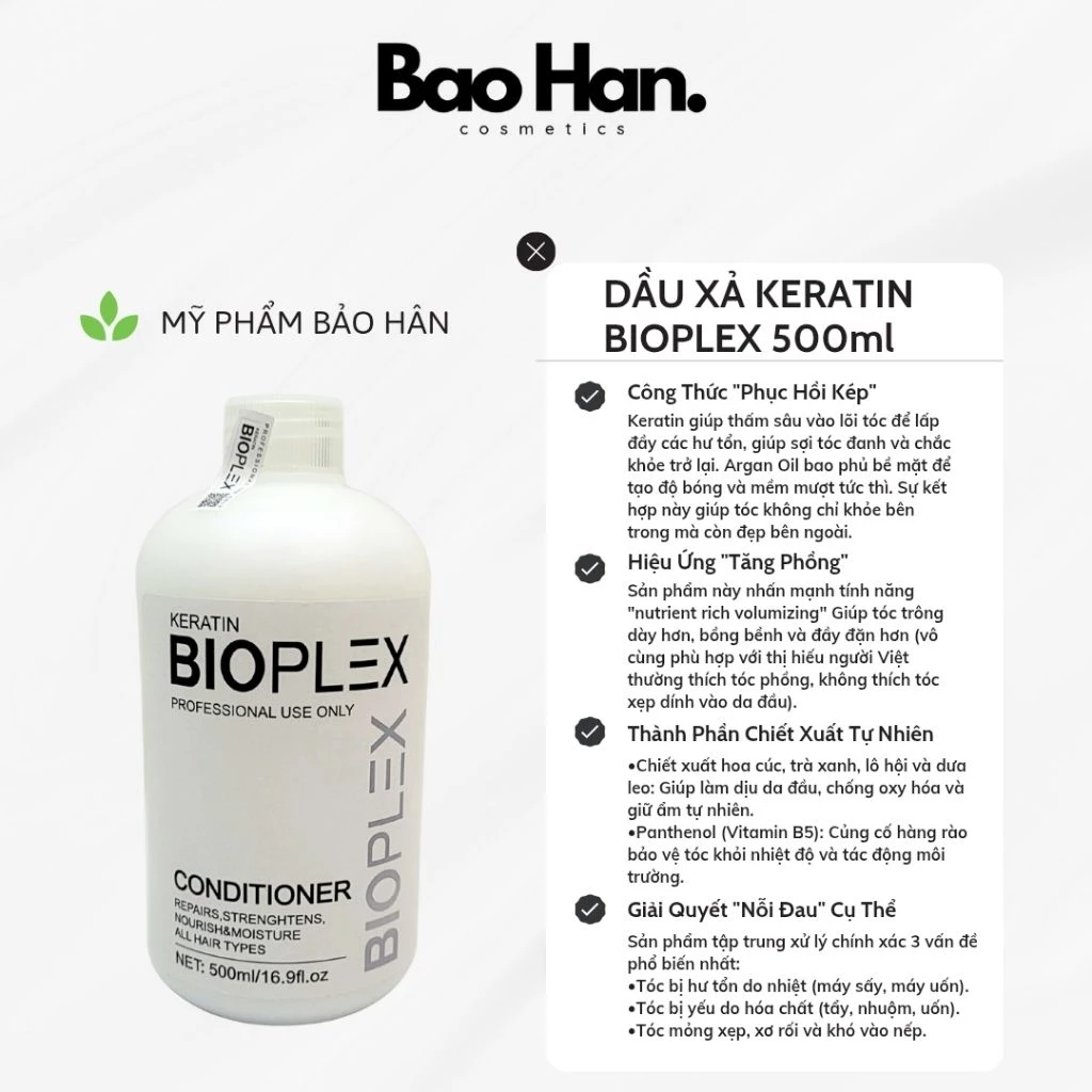 DẦU XẢ KERATIN BIOPLEX 500ml - DƯỠNG TÓC MỀM MƯỢT, TĂNG ĐỘ PHỒNG BỒNG BỀNH, PHỤC HỒI TÓC HƯ