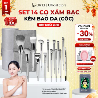 Bộ cọ trang điểm cá nhân GUVIET set 14 cây màu xám bạc có bao da (cốc)