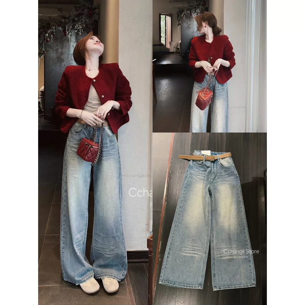 Quần Bò Jeans Nữ Ống Rộng, Quần Bò Denim Suông Ống Rộng Trơn Màu Xanh Wash Mài Bản Cạp Cao Siêu Hách Dáng Cực Đỉnh