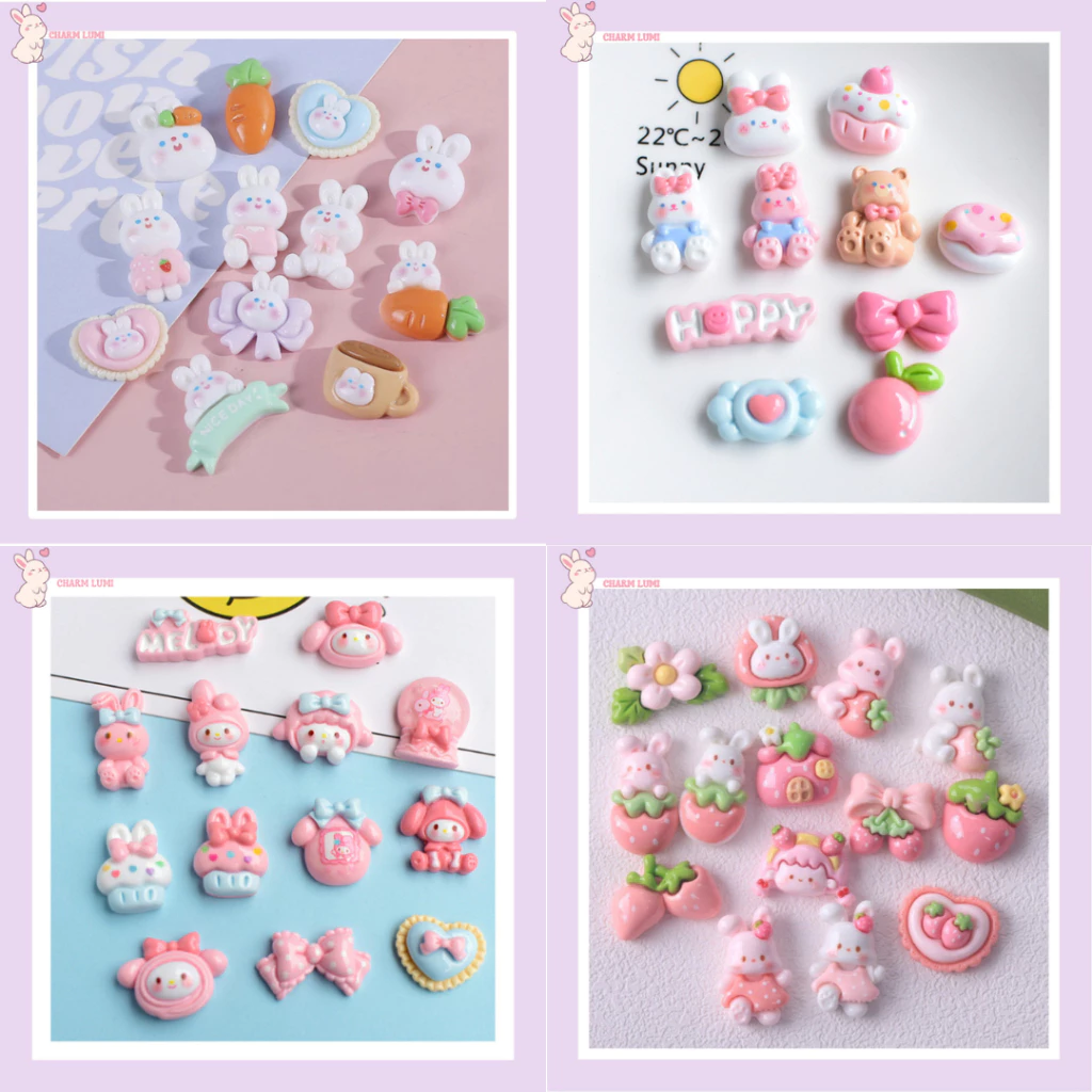 🍓 Charm thỏ dâu cute pastel -Phụ kiện decor đồ handmade - Charm Lumi