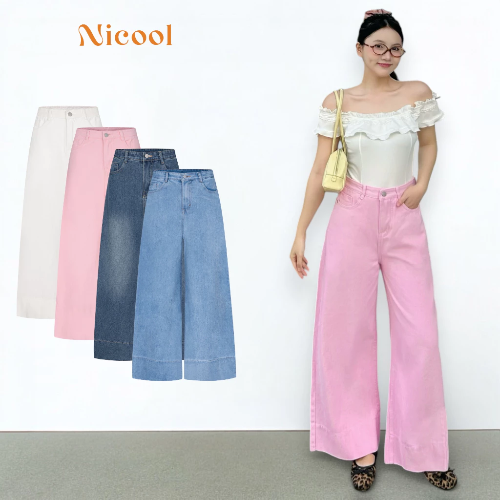 Quần Jean Nữ Ống Rộng Nicool Lai 10cm Quần Bò Dài WASH Dáng Suông Lưng Cao Che Khuyết Điểm N41-Q69