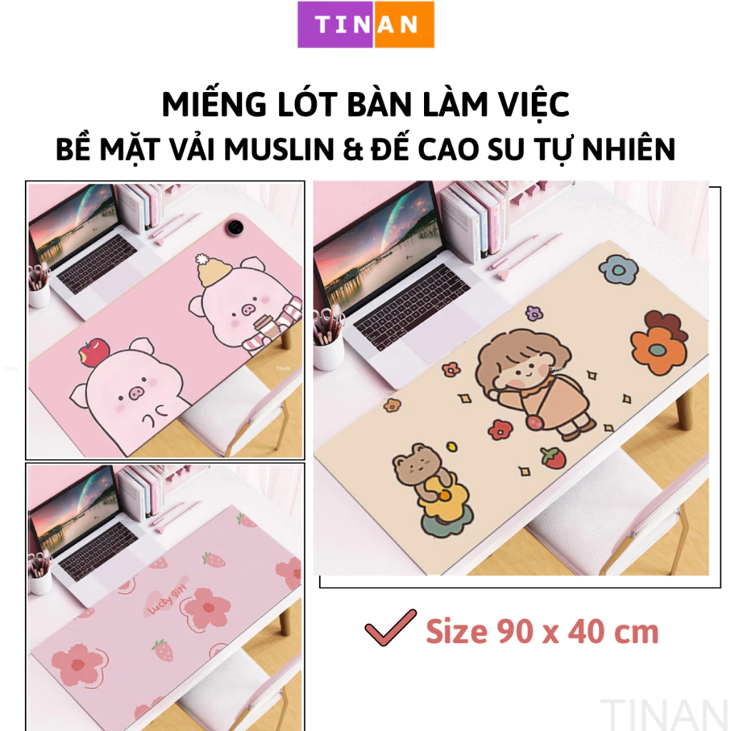 [CUTE] Miếng Lót Bàn Làm Việc, Lót Bàn Phím Vải Muslin Khổ Lớn 90x40 cm, Đế Cao Su Tự Nhiên