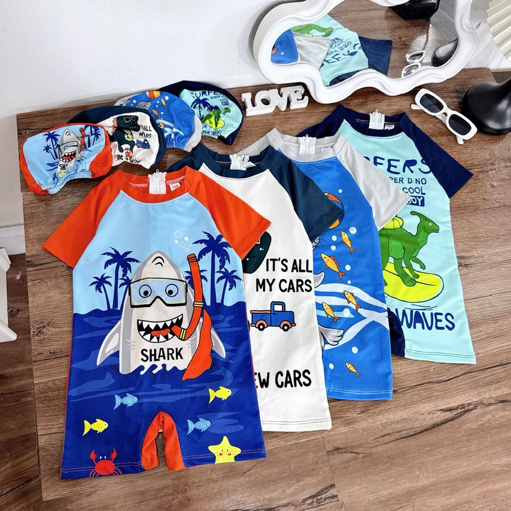 Bộ Bơi Bé Trai Baby Shark Liền Thân Kèm Mũ , Bộ Đồ Cho Bé Đi Chơi , Đi Bơi 8-28kg