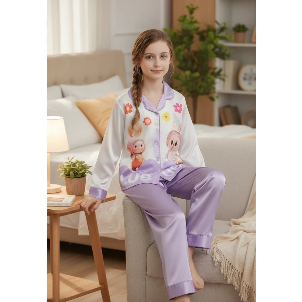 Bộ đồ ngủ bé gái vải Latin tay dài quần dài hình labubu – pijama mùa hè mát lạnh cho bé từ 10–65kg