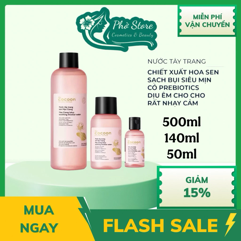 Bigsize - Nước Tẩy Trang Sen Hậu Giang Sạch Bụi Siêu Mịn PM1.0, Có Prebiotics Dịu Êm Cho Da Rất Nhạy Cảm Cocoon 500ml
