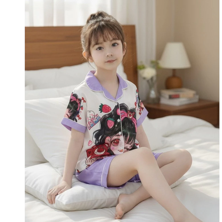 Bộ pijama bé gái vải latin ngắn tay họa tiết cô gái và gấu đỏ siêu dễ thương | Đồ ngủ trẻ em cao cấp, thoáng mát, đủ siz