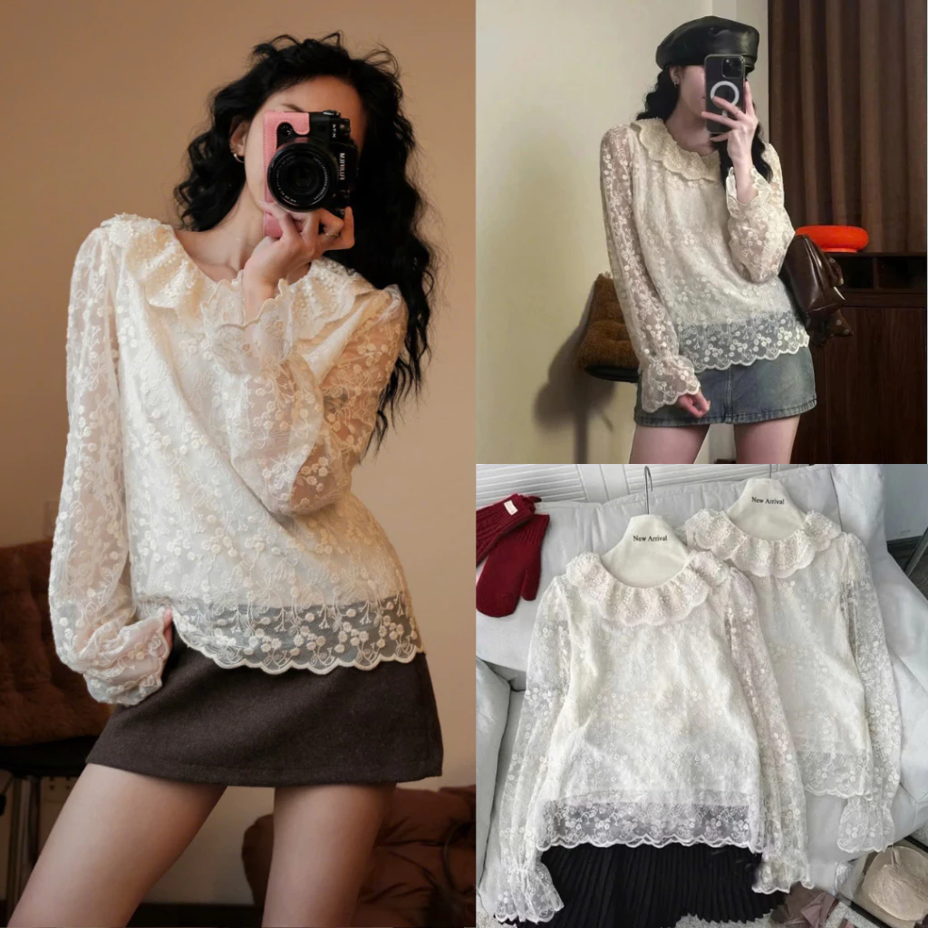 ÁO REN HOA NỔI CỔ BÈO - Áo sơ mi ren hoa kiểu QC tay bồng 2 lớp ulzzang tiểu thư HQ Aorenhoa552