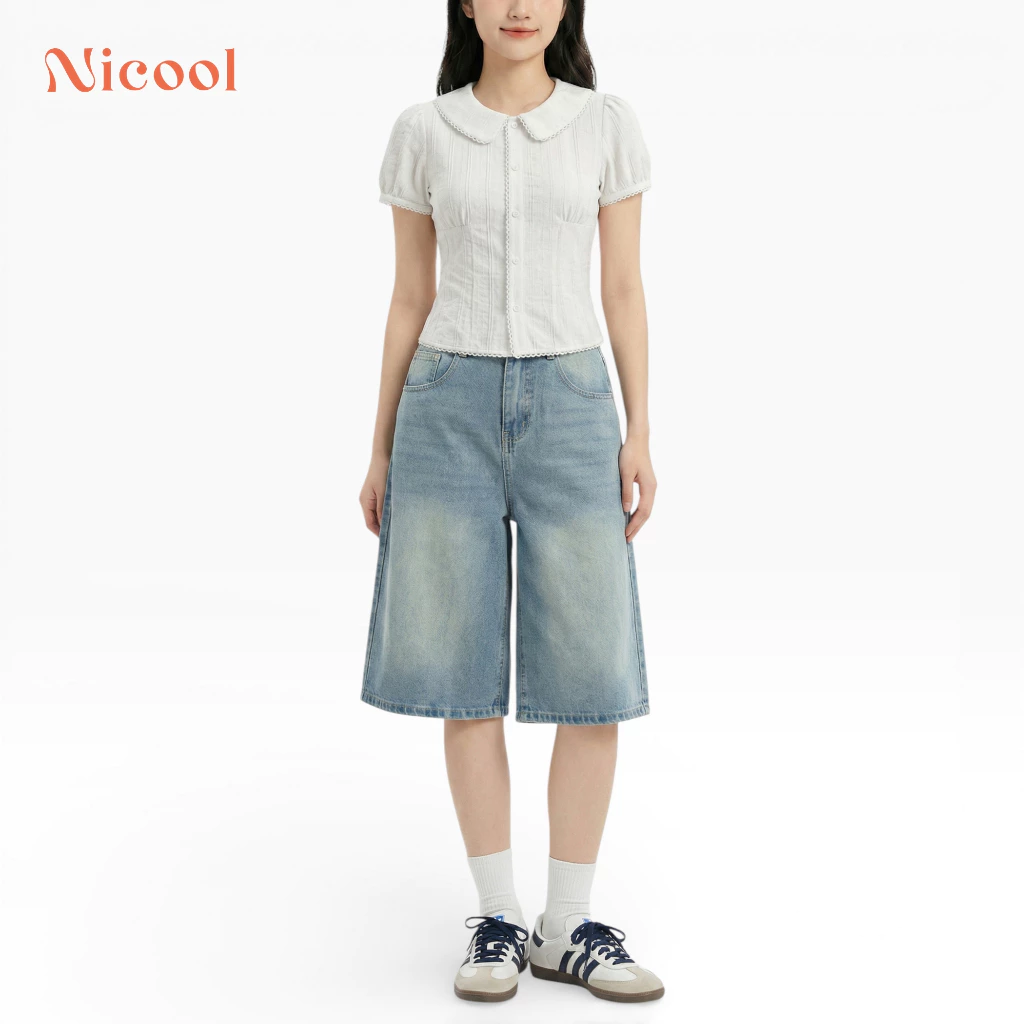 Quần Short Jean Nữ NICOOL Form Lửng Ống Rộng Dài Qua Gối Màu Wash Retro Cạp Cao Năng Động N41-D10