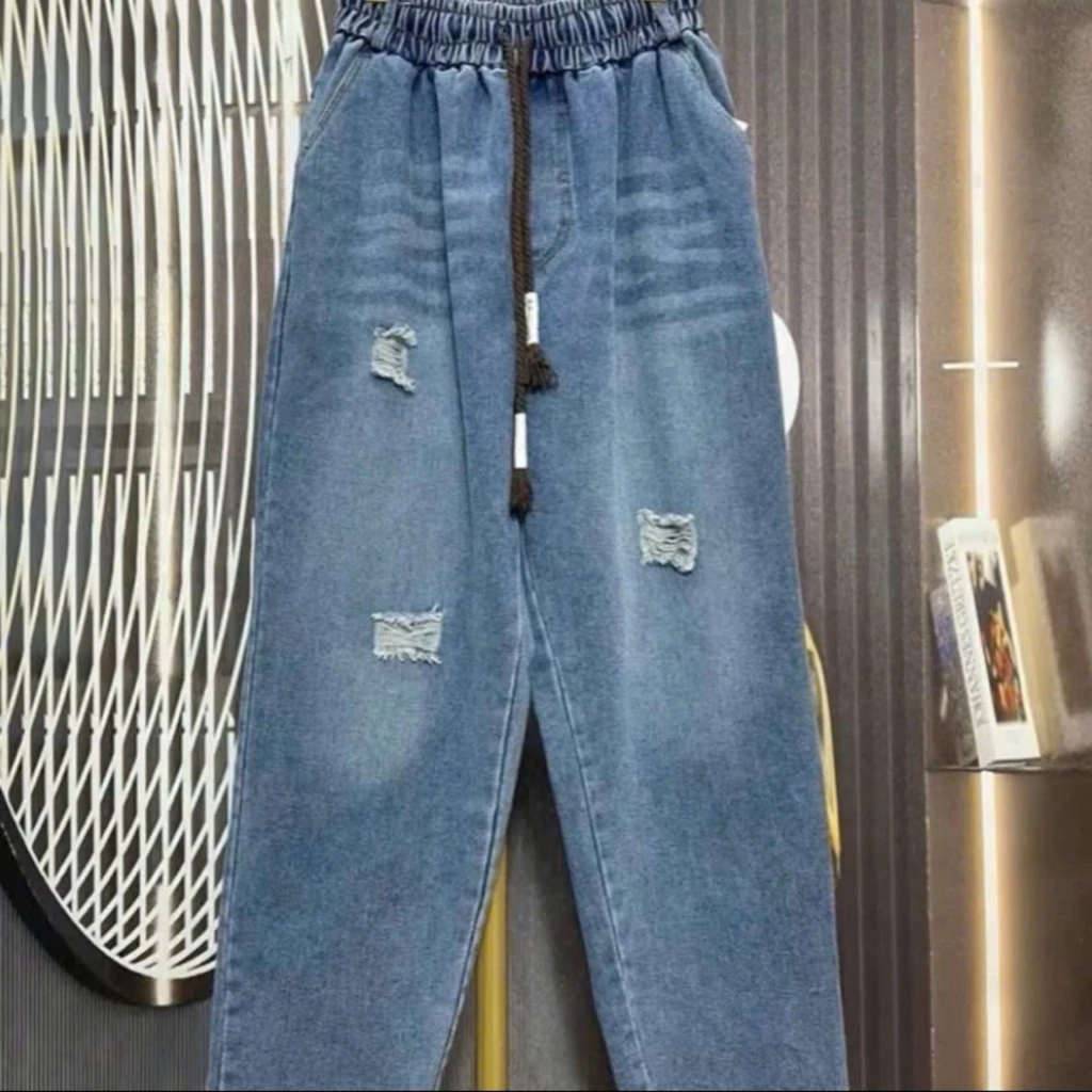 Quần Jean Baggy nữ có trơn và rách cạp chun lưng cao mặc thoải mái Bigsize 78kg