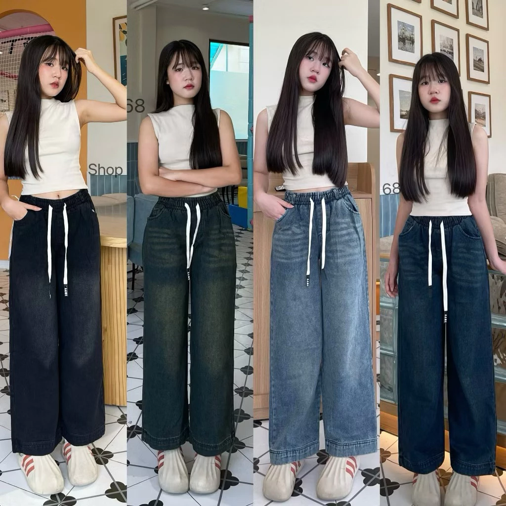 Quần Jean nữ dáng suông nấm ống rộng chất bò mềm dày dặn Cạp chun thoải mái