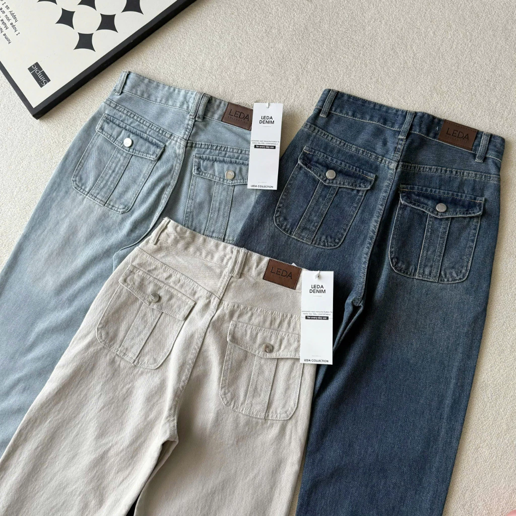 [Dài 88-93cm]Quần Jean Ống Suông TÚI NẮP Nữ LEDA Quần Bò Ống Suông Rộng Túi Hộp Nấm Lùn 1m5 Quần Rin 9 Tấc