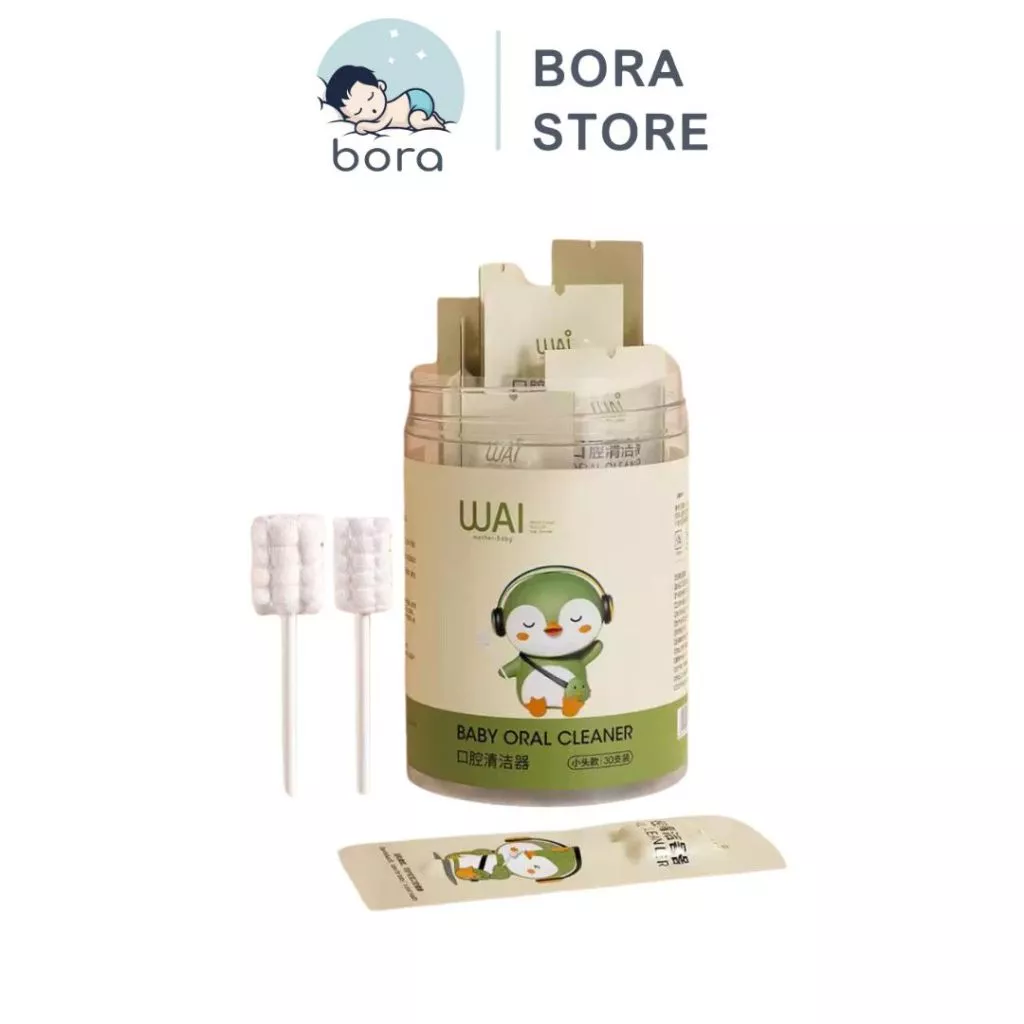 Que tưa lưỡi, rơ lưỡi WAI hộp 30 que cho bé sơ sinh (1 đầu rơ lưỡi)
