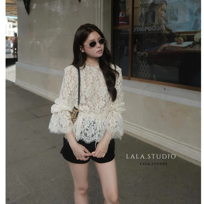 Sapphire•LALASTUDIO• Áo ren cổ bèo tay dài phối loe có dây rút eo tiểu thư thanh lịch ( tặng áo 2 dây)