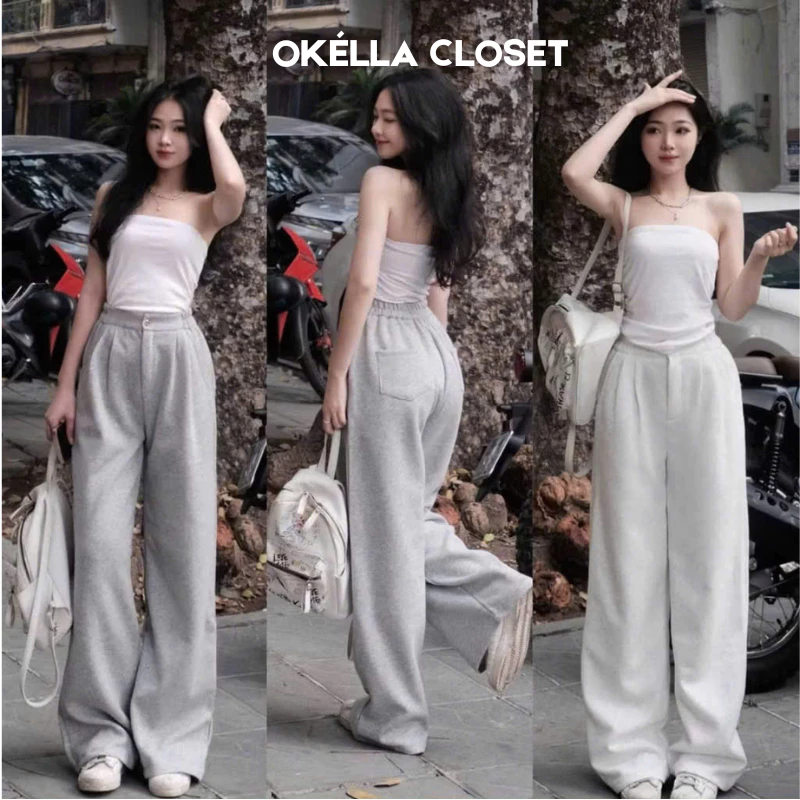 [95cm-103cm] Quần Nỉ 2Da dáng suông rộng dày dặn cạp chun Women Pants, Quần Nỉ dài Basic Hottrend mặc ấm Okélla