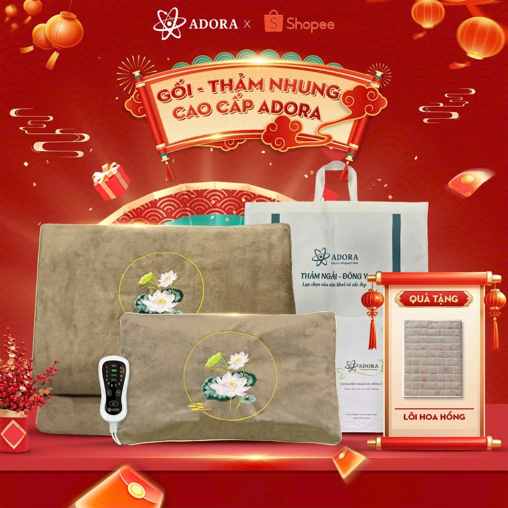 [DEAL TRI ÂN TẾT 2026] Combo Gối & Thảm Ngải Cứu Đông Y Cao Cấp Chính Hãng ADORA | Tặng Thêm Lõi Ngải Cứu & Hoa Hồng Khô
