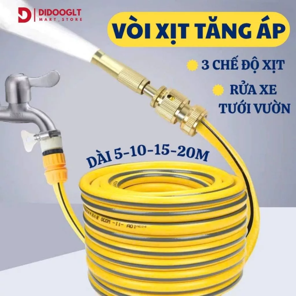 COMBO Vòi Xịt Tăng Áp Kèm Dây 5m - 10m - 15m - 20m Có 3 Chế Độ Xịt Rửa Xe Tưới Cây