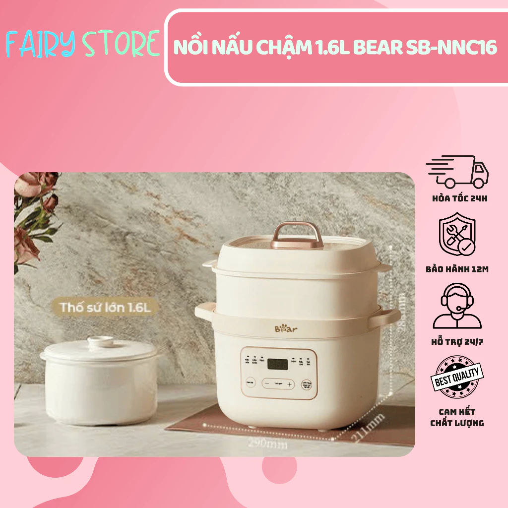 Nồi Nấu Cháo Chậm BEAR 1.6L Có 2 Thố Sứ 0.5L Chưng Cách Thủy - Ninh Nhừ, Hầm Kĩ, Nấu Chè, Chống Trào