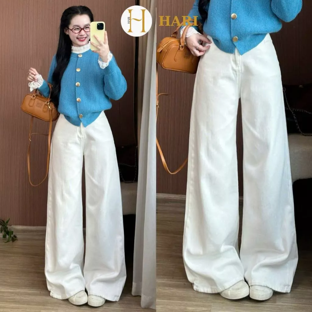 Quần jean Nữ Ống suông rộng, suông, cong  màu trắng Hari Tôn Dáng Che Khuyết Điểm