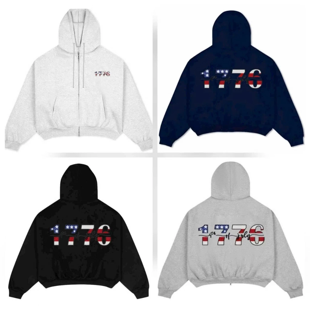 áo khoác hoodie zip Có Túi Trong boxy Nỉ thêu Số Năm 1776 Unisex Nam Nữ Tay Dài Phồng Top Jacket Thu Đông