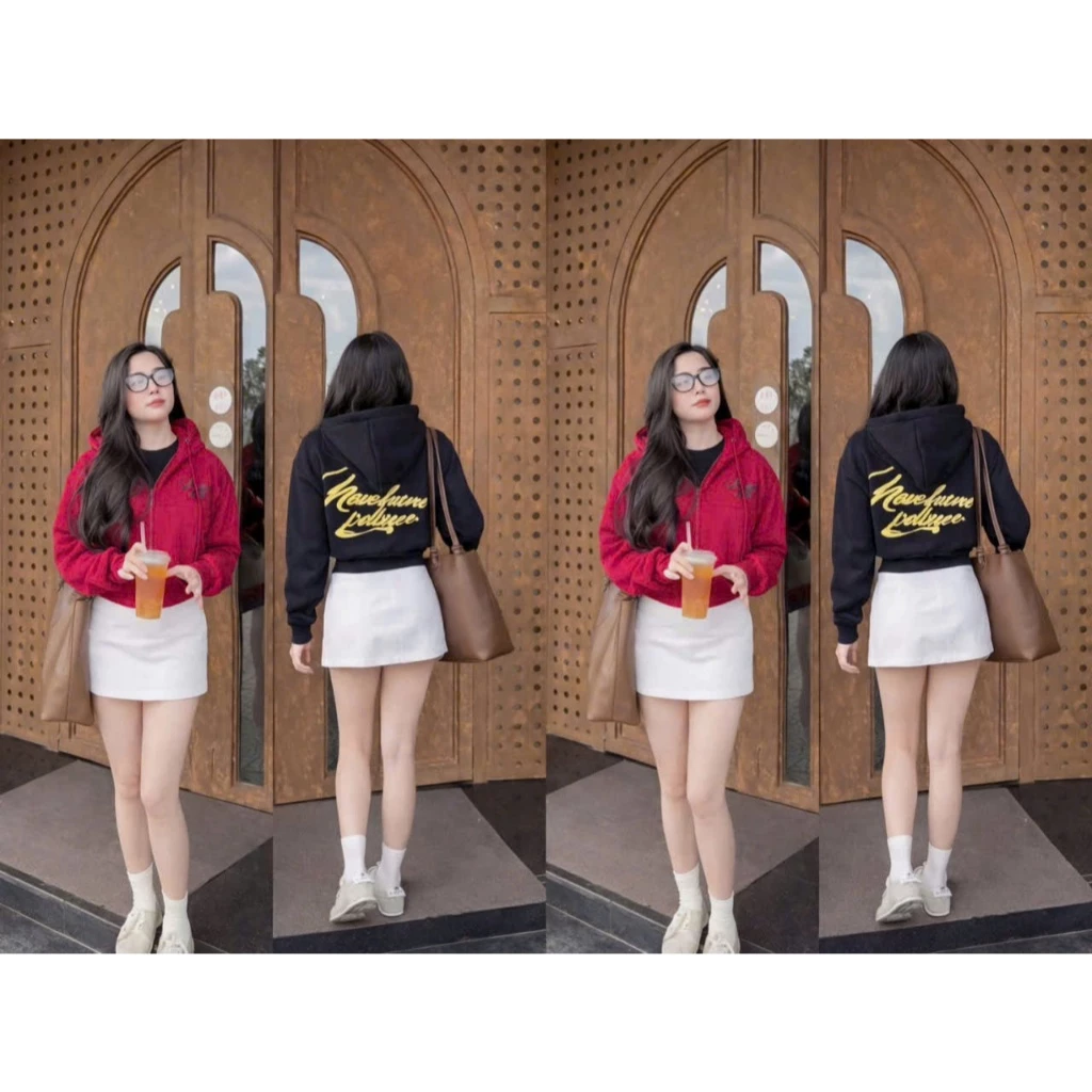 áo khoác nỉ croptop dày dặn - hoodie zip HEVER MORE POLIME túi trong dáng lửng nón mũ to chống nắng Top jacket nữ Women