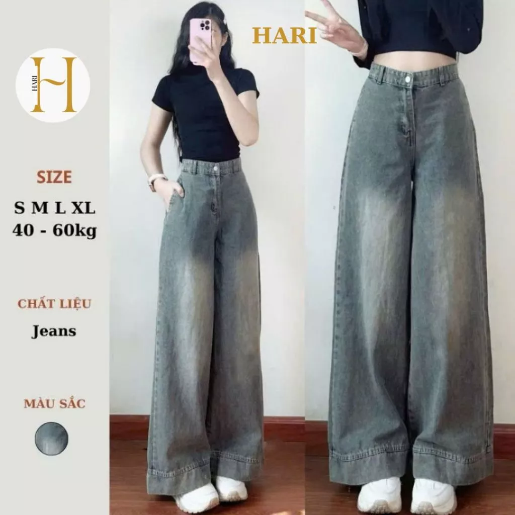 Quần jeans suông ống rộng Hari màu xanh hack dáng siêu xinh