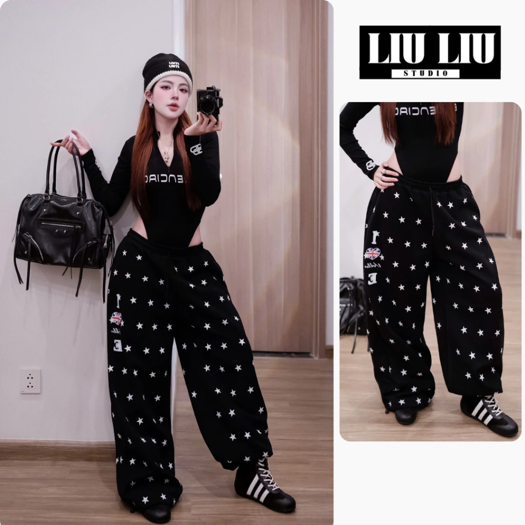 Quần Nỉ Sao Đen LIULIU.STUDIO L11 Nỉ 2 Da Dáng Suông Rộng, Phong Cách Streetwear Trẻ Trung Cá Tính