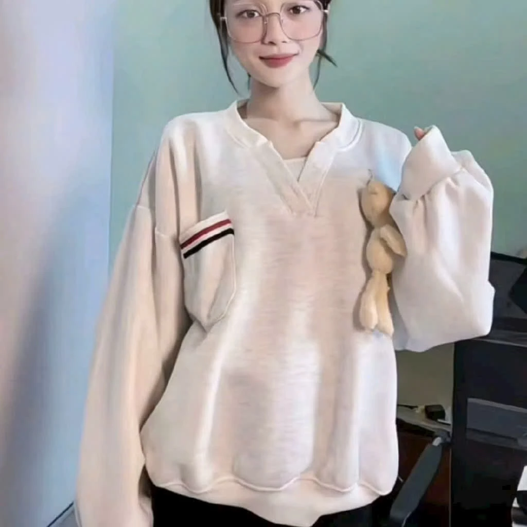 áo thun nỉ tay dài boxy sweater màu Xám trơn Basic cho nữ Kèm charm gấu - Khoác Hoodie Túi Thêu  sọc Top Jacket