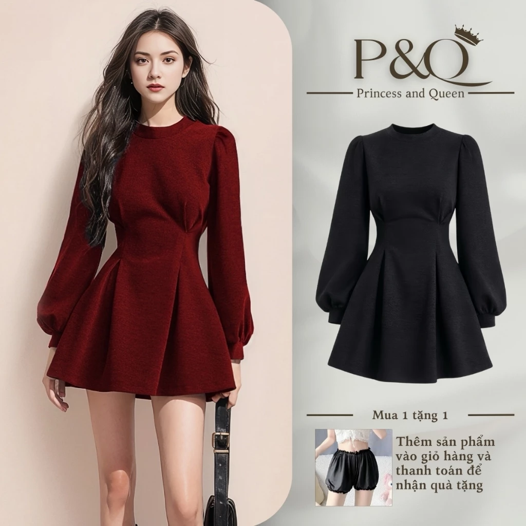 Đầm xòe nữ P&Q tay dài phồng cổ tròn phong cách Hepburn dáng tiểu thư sang trọng thanh lịch | vd0104