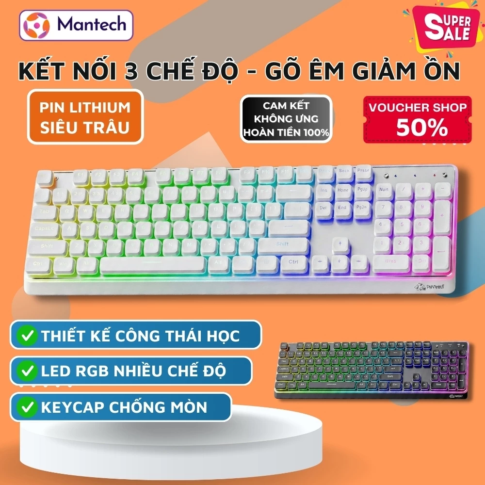 Bàn Phím Bluetooth Không Dây FreeWolf M104 - Pin 4000mAh, 3 Chế Độ Kết Nối, LED RGB, Công Thái Học