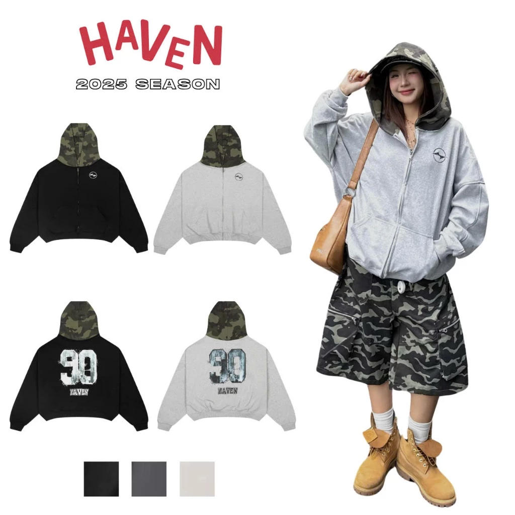 Áo Khoác HAVEN Hoodie Nỉ Nam Nữ Form Rộng Unisex Có Nón Camo Rằn Ri In Số 90 HAVEN Oversize Thời Trang 2026