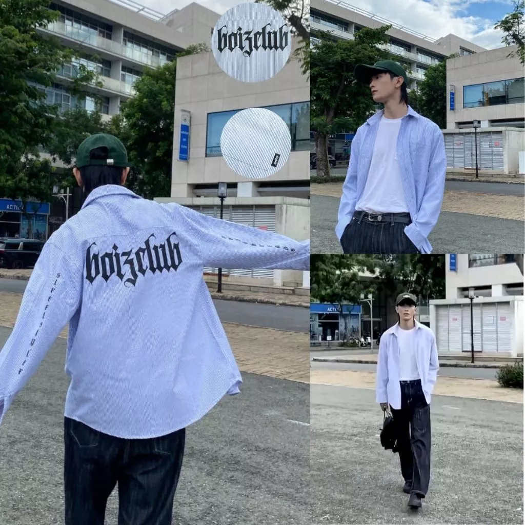 Áo Sơ Mi - Sơ Mi Kẻ Sọc Phối Họa Tiết In Chữ Boy z Clup From Rộng Unisex Nam Nữ Đều Mặc Được