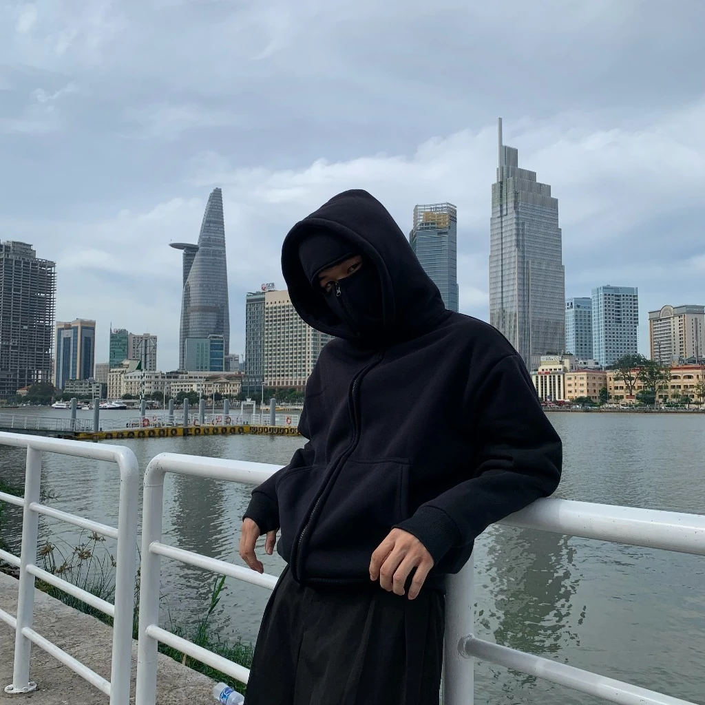 Áo Khoác nam Zip Ninja Cổ Cao 2 Mũ Hoodie Zip Nỉ Dáng Boxy Nam Nữ Unisex