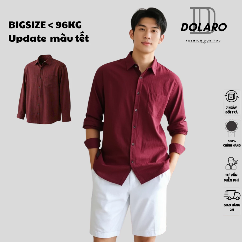 Áo sơ mi tay dài nam form rộng local brand DOLARO chất linen thoáng mát, có cổ bẻ dáng đẹp