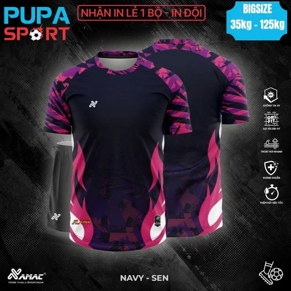 NEW [BIGSIZE 35 - 125kg] Bộ Đồ Đá Banh Không Logo Amac Flame - XANH NAVY - HỒNG SEN , Vải Mè Lục Giác Cho Nam Nữ