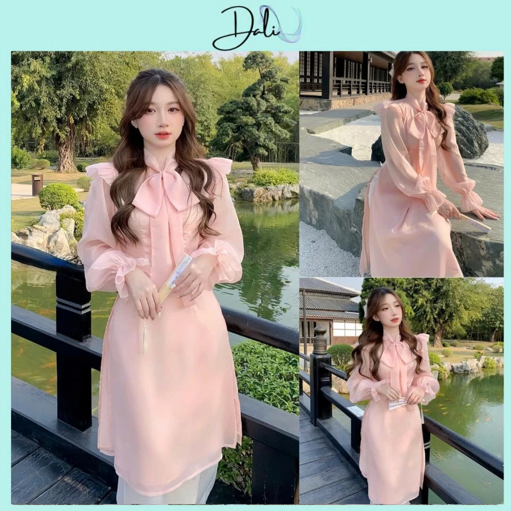 Set Áo Dài Cách Tân Viền Bèo Thắt Nơ Màu Hồng Chất Liệu Voan Mềm + Quần Xuông Trắng