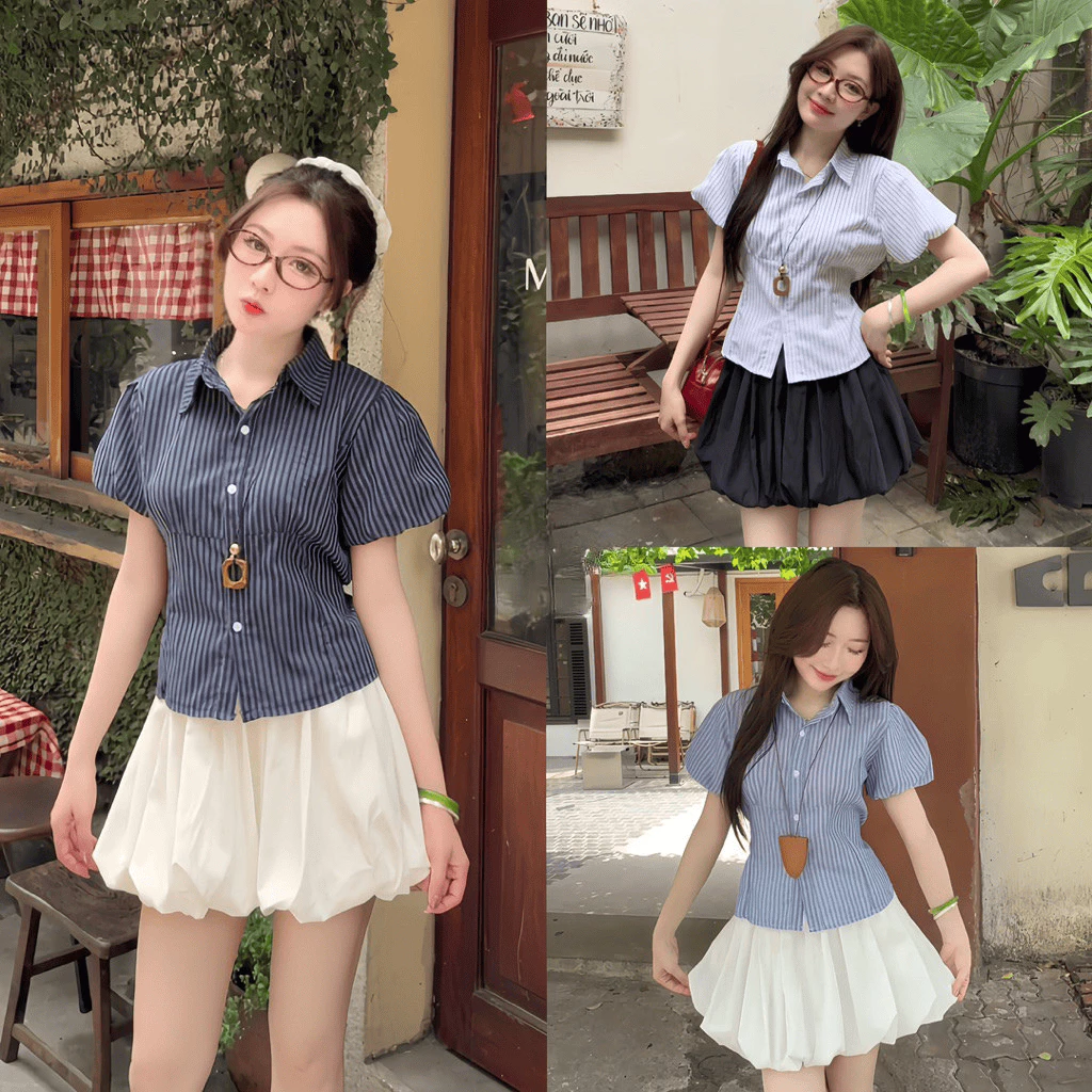 Áo Sơ Mi Nữ Ngắn Tay Bồng Chiết Eo Buộc Nơ Sau Lưng Chất Thô Kẻ Mềm Mát, Sơ Mi Nữ Kẻ Kiểu Hàn Quốc M9579