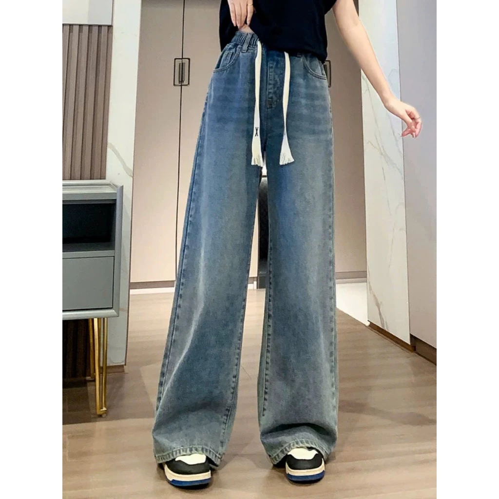 Quần jean nữ suông dài ống rộng cạp chun dây rút, quần bò suông xanh retro thời trang năng động ED52
